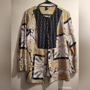 Adrienne Vittadini Navy and Yellow Chain Pattern Top